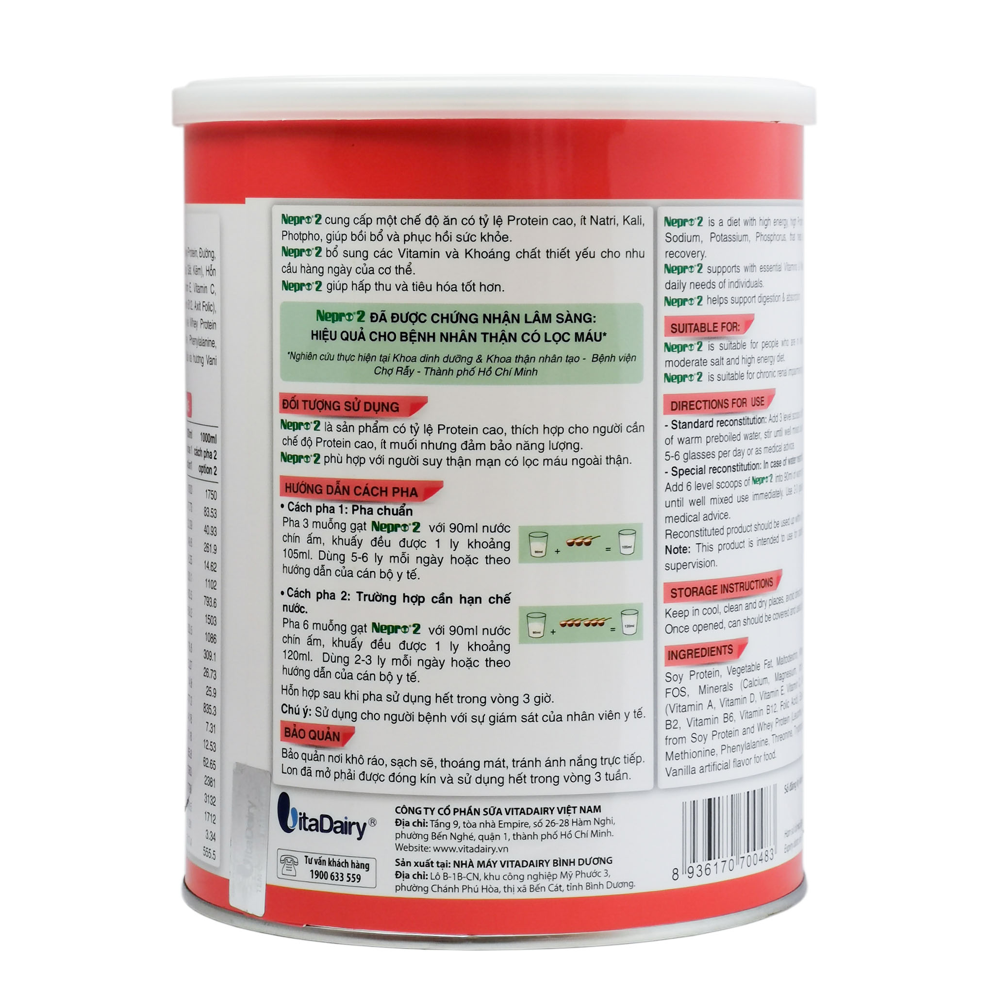 Sữa Bột Vitadairy Nepro 2 - Hộp 900g (Dành cho người bệnh thận có lọc máu ngoài thận)