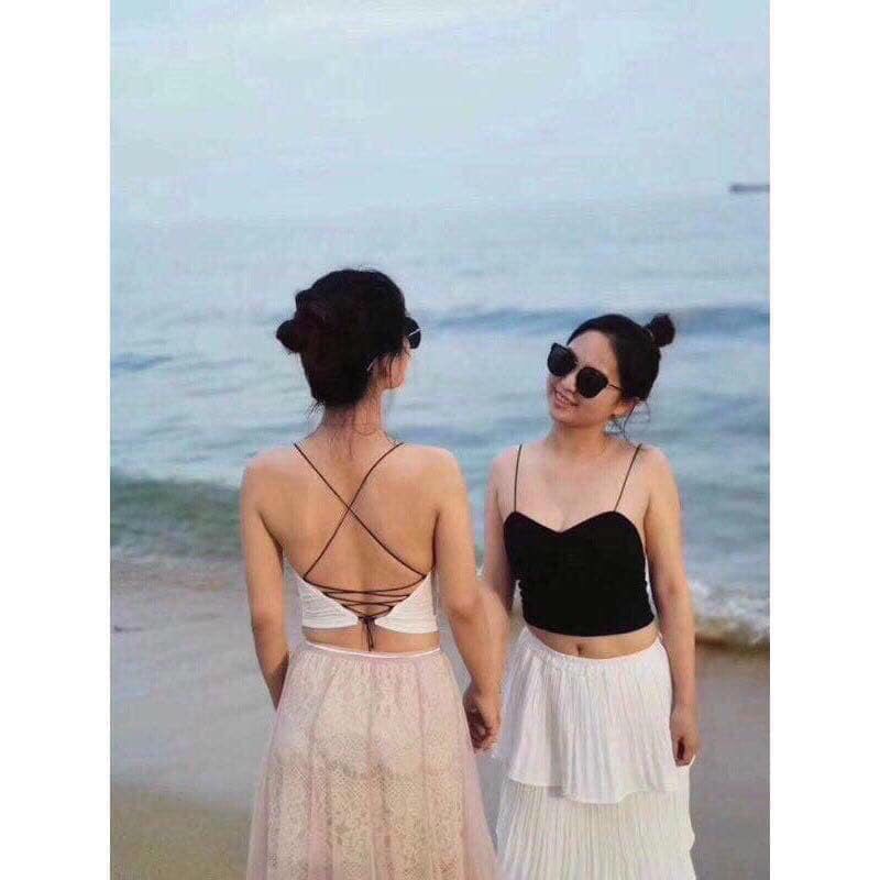 Áo Hai Dây Thun Lụa Form Croptop Đan Dây Chéo Sau Lưng Cực Chất TTSL0121