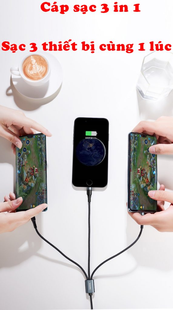 Cáp sạc 3 đầu đa năng Remax bọc dù,Cáp sạc 3 đầu Lightning, TypeC, Micro USB
