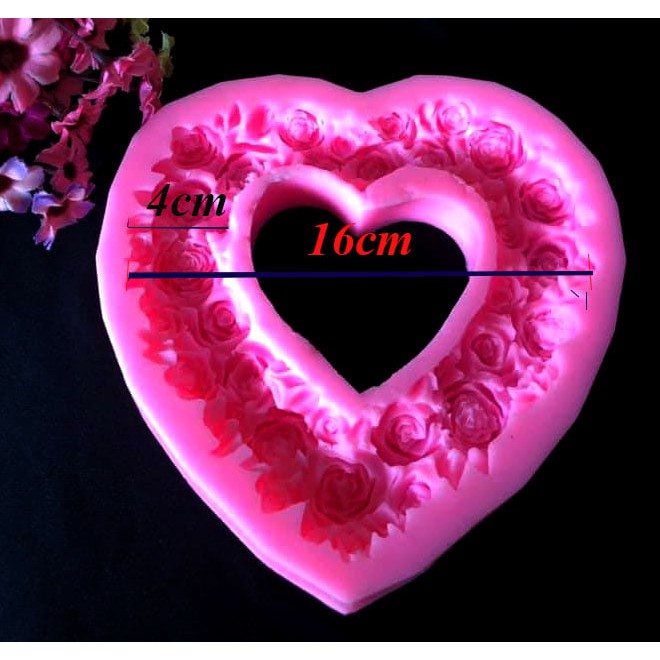Khuôn silicon Vòng Tim Hoa Hồng 16cm đổ tạo hình bánh rau câu 3D, 4D