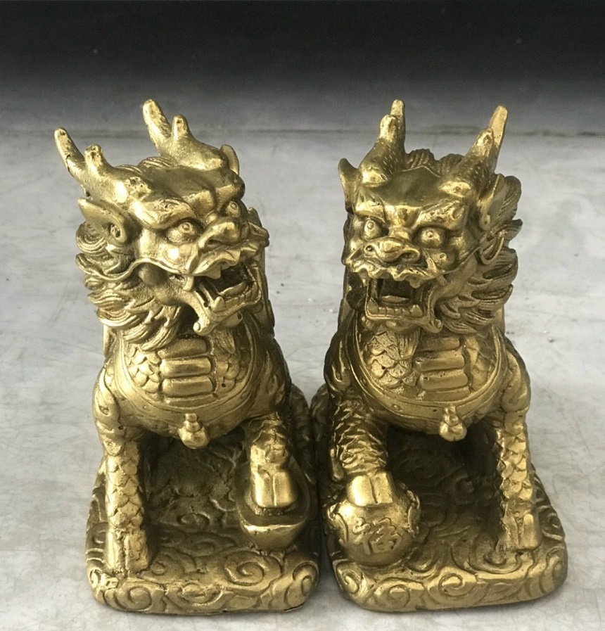 Tượng cặp kỳ lân ngồi bệ bằng đồng MS46