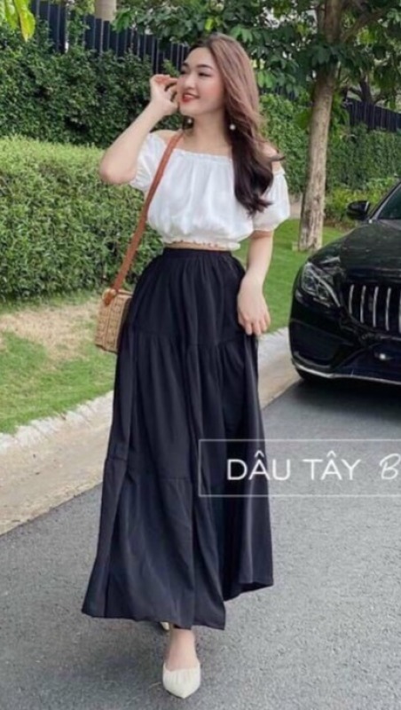 Chân váy dài kèm áo bẹt vai dễ thương set ba màu vàng màu trắng và màu đen