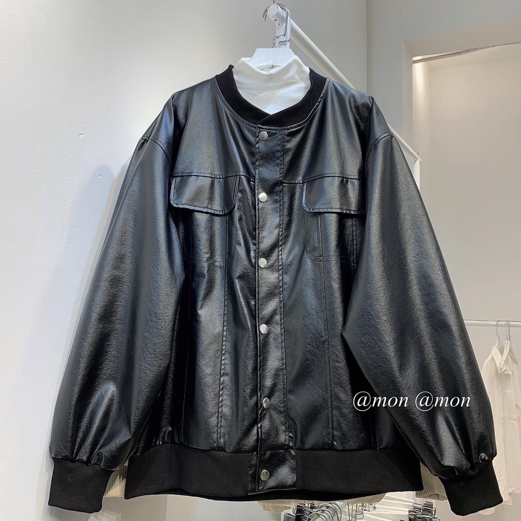 Áo khoác da dáng rộng, áo khoác bomber da nữ
