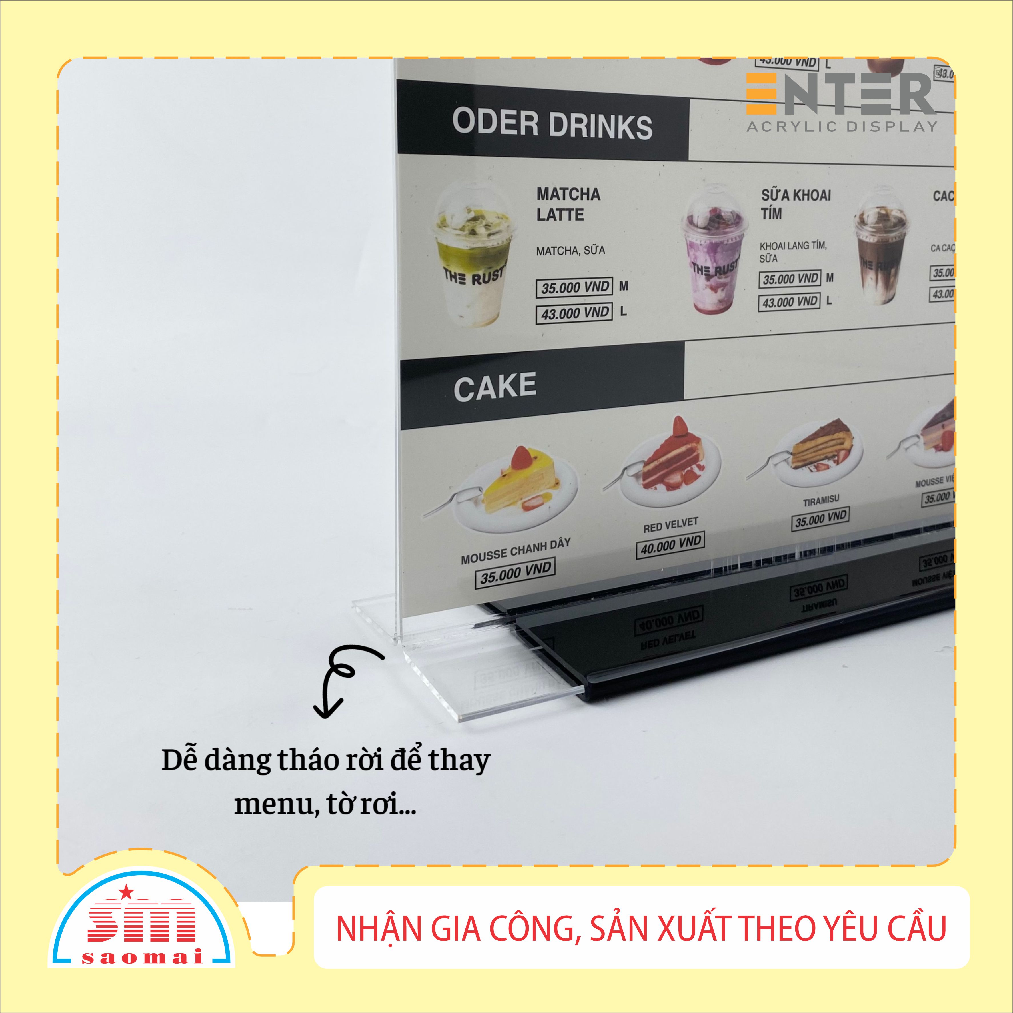 Kệ mica 2 mặt Enter E10-U 100x150mm đế lùa uốn bằng, Kệ menu nhà hàng, Standee mica để bàn, Bảng quét mã QR Code