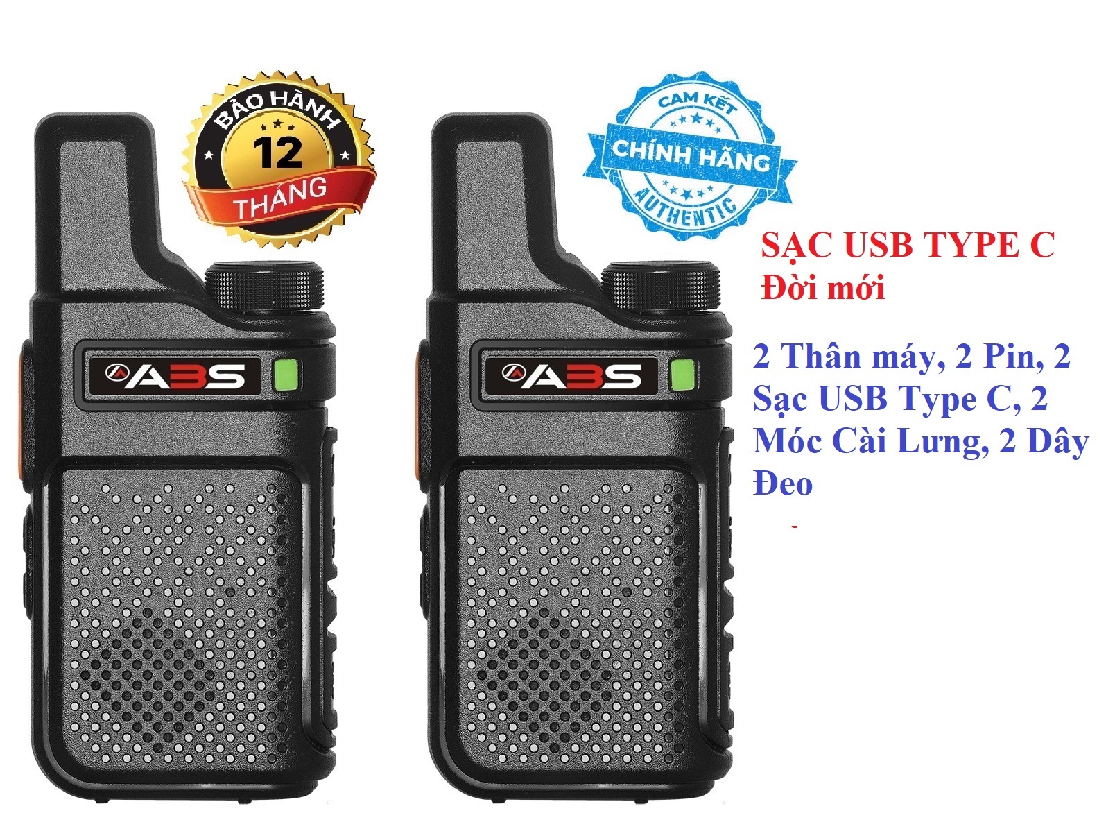Bộ 2 chiếc bộ đàm siêu mini sạc usb type c đời mới chất lượng khủng abs ab900