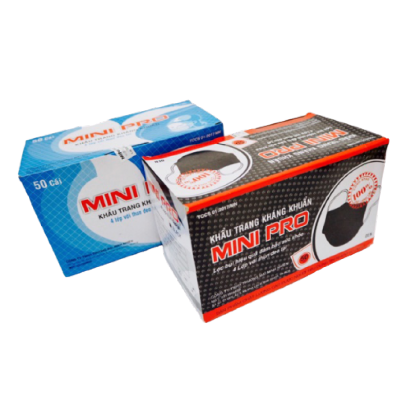 Khẩu trang y tế Mini Pro 4 lớp hộp 50 cái kháng khuẩn, chống bụi, bảo vệ sức khỏe, thiết kế ôm khít khuôn mặt mà không ảnh hưởng khí thở khi sử dụng - GutySmart