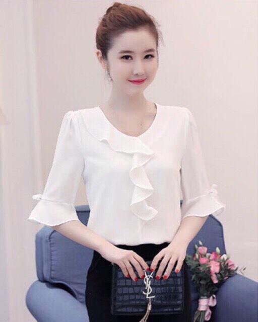 [HCM]Áo Cổ Bèo Tay Loe Phối Nơ Xinh Đẹp