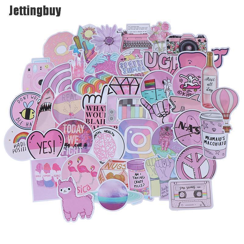 Jettingbuy 53Pcs Kawaii Pink Fun Stickers Luggage Scrapbook Suitcase Laptop Car Stickers