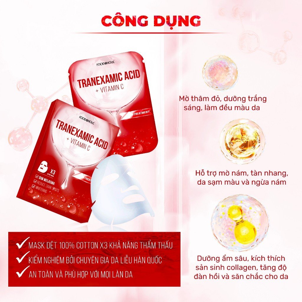Combo 10 Mặt Nạ Tranexamic Acid Mờ Thâm Đỏ, Sạm Nám 23ml/miếng