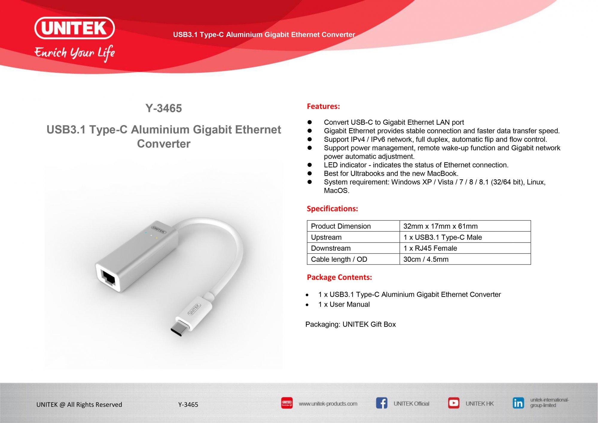 Cáp chuyển đổi Type C to Lan Unitek Y-3465