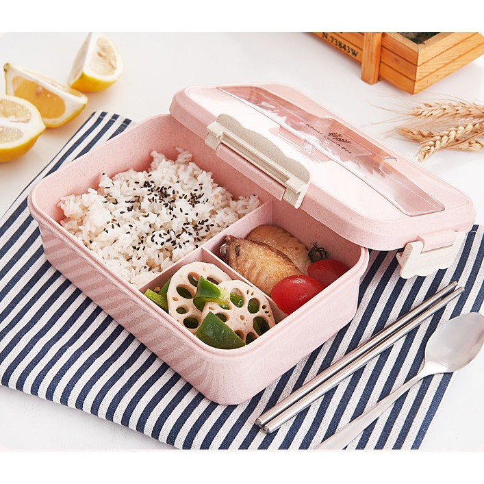 Khay Cơm Lúa Mạch 3 Ngăn Tặng Kèm Thìa Và Đũa inox