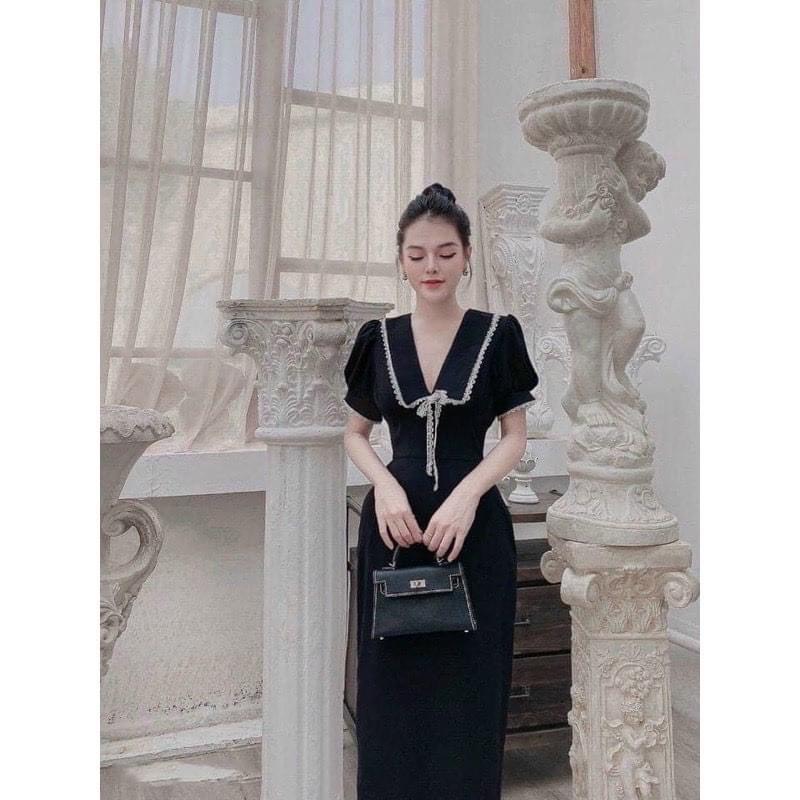 [ MI JOON ] đầm cổ V tay lỡ phối ren cao cấp