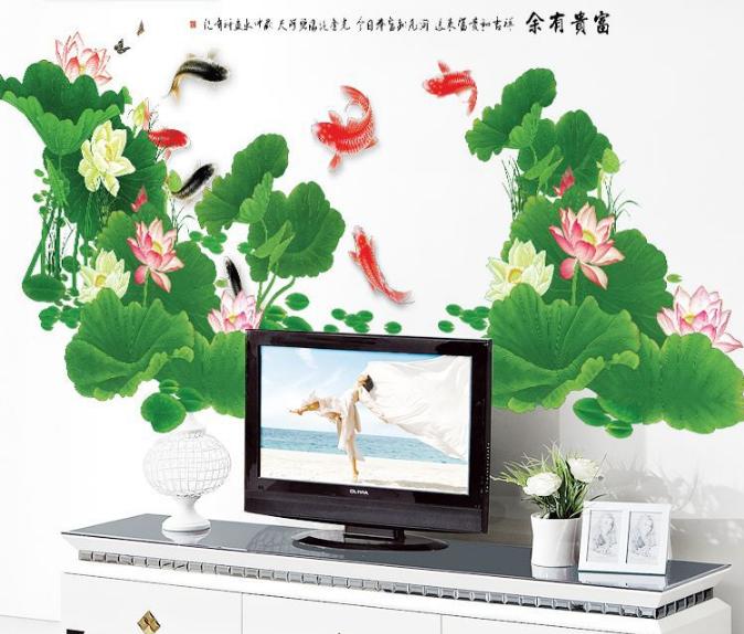 [HCM]Decal trang trí tường - Hồ Sen đậm lớn và đàn cá KOI