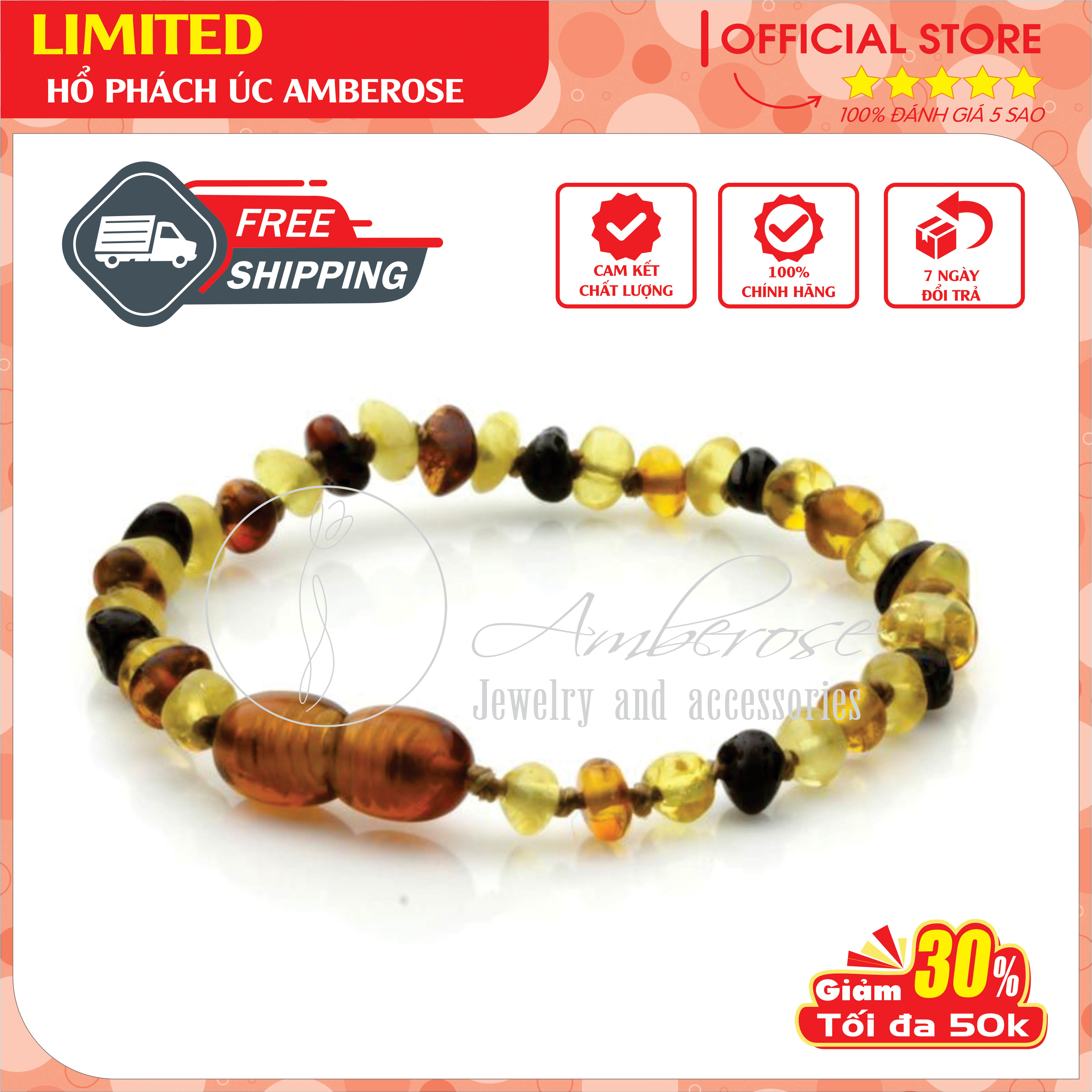 Vòng tay hổ phách amber úc cho bé 0 - 10 tuổi vtabm4m