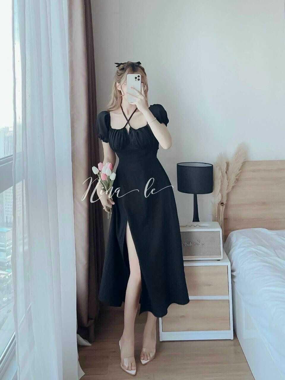 Đầm Lụa Chẻ Tà Cổ Vuông