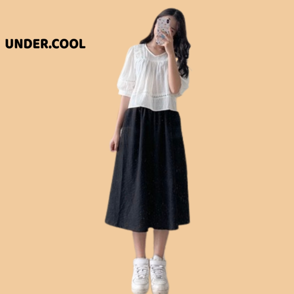 Chân váy thô basic UNDERCOOL xếp li dáng dài vintage đũi xoè