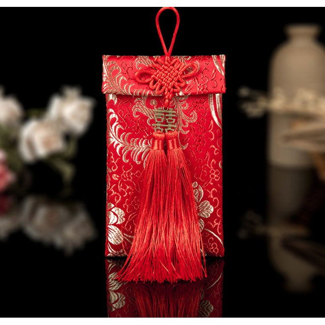 [Có Gắn Song Hỷ trên Nơ] Phong Bì Đỏ Thổ Cẩm thêu Hoa vải gấm Song Hỷ Cưới Hỏi-Nạp tàiQuà tặng năm mới.