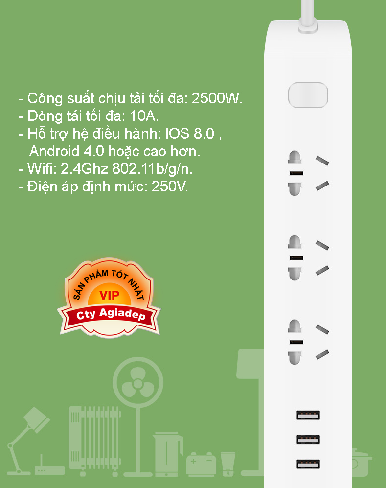 Ổ điện thông minh Broadlink dài gồm 3 ổ đơn 3 USB - Broadlink MP2
