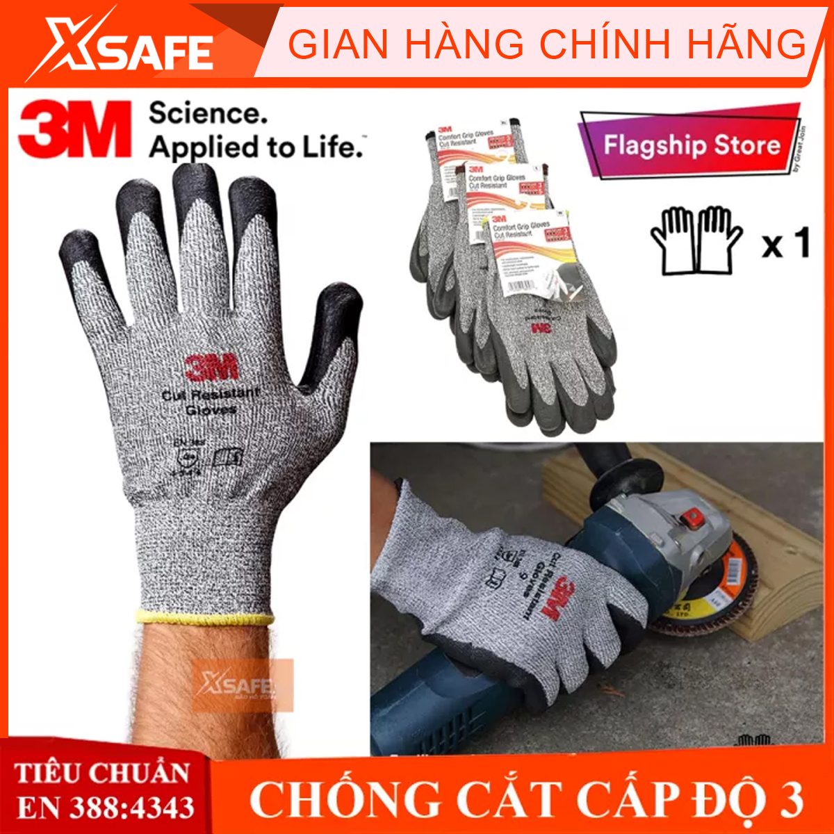 Cut resistant gloves 3m level 3 Độ high craftsmanship, coated with nitrile anti-oil viscosity, protective sleeve protective dedicated for engineering, engineering, work with religious, iron, glass-product genuine xsafe