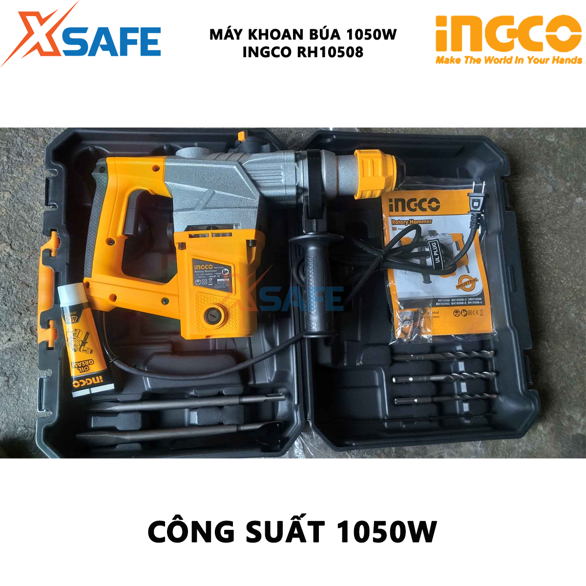Máy khoan cầm tay 3 chức năng 1050w Ingco RH10508 đầu khoan gài sds, tốc độ 900rpm; tốc độ đập 4000bpm, lực đập 5j, khả năng khoan bê tông 28 mm, đục 14mm, thép 13mm, kèm 3 mũi khoan gài, 2 mũi đục Máy khoan đục bê tông