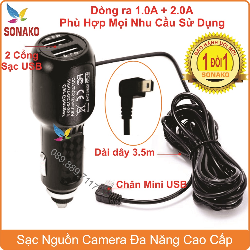 Tẩu sạc nguồn camera hành trình 3.5A, chân mini USB vuông- sonako