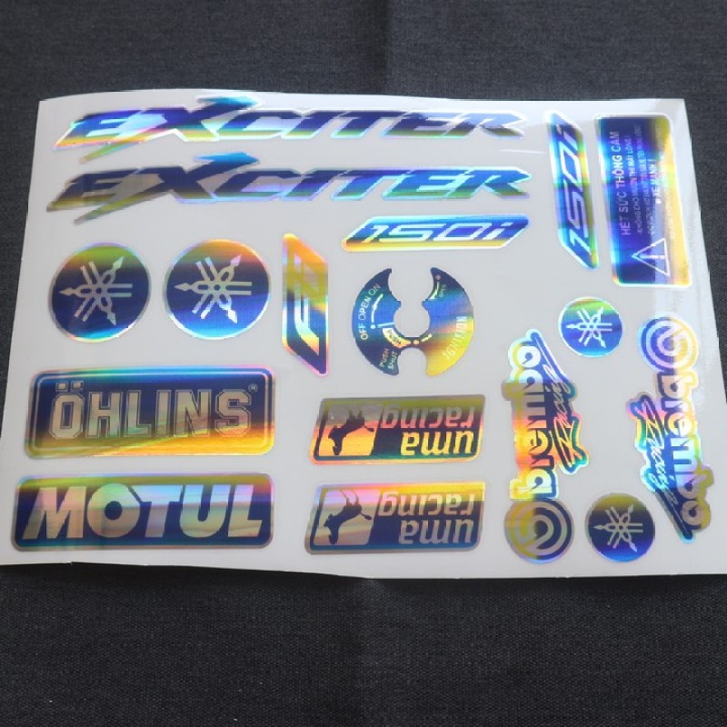 Bộ tem logo, tem crom bóng phản quang phũ keo dán xe máy EXCITER 150, nhiều STICKER khác nhau trang trí xe siêu chất thể hiện điểm nhấn