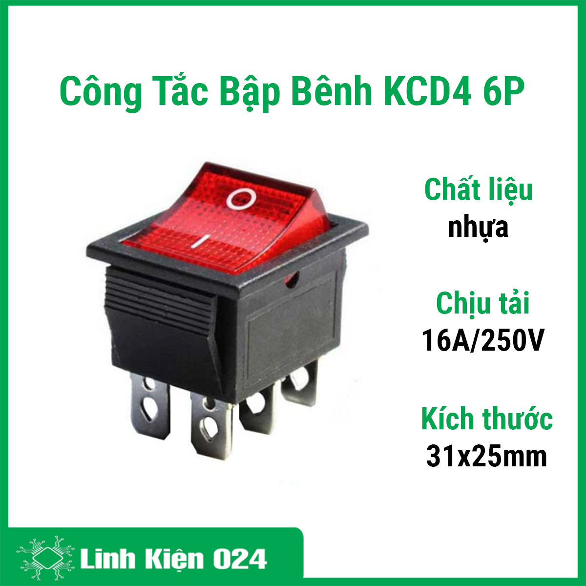 Công tắc bập bênh KCD4 5 chân 16A / 250V 6P kích thước 31x25mm