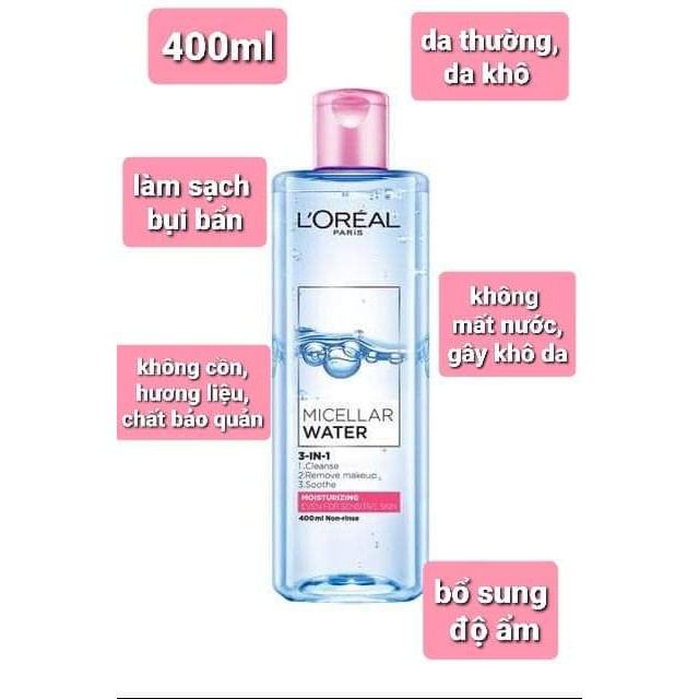 Nước tẩy trang L'Oreal Paris 3-in-1 Micellar Water 400ml