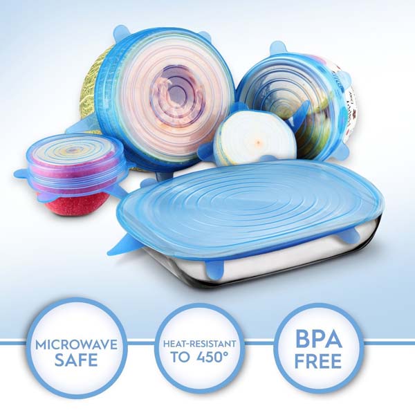 Bộ 6 miếng bọc thực phẩm bằng silicone an toàn, chịu nhiệt tốt, bảo quản thực phẩm