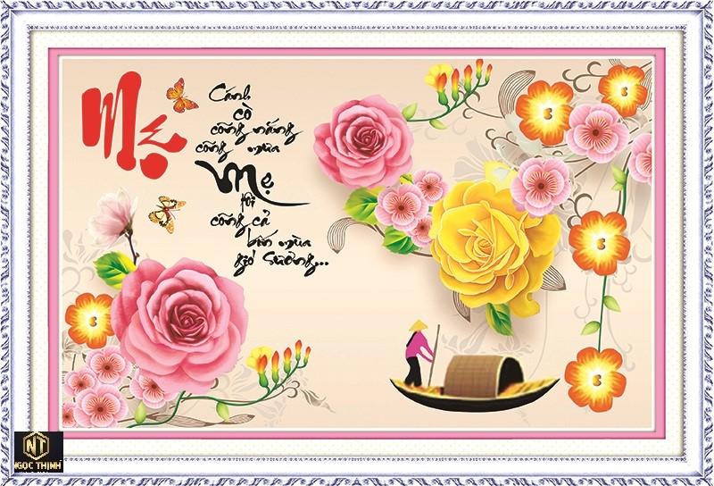 Tranh đính đá Mẹ tôi cõng cả bốn mùa gió sương 90x53cm VS177