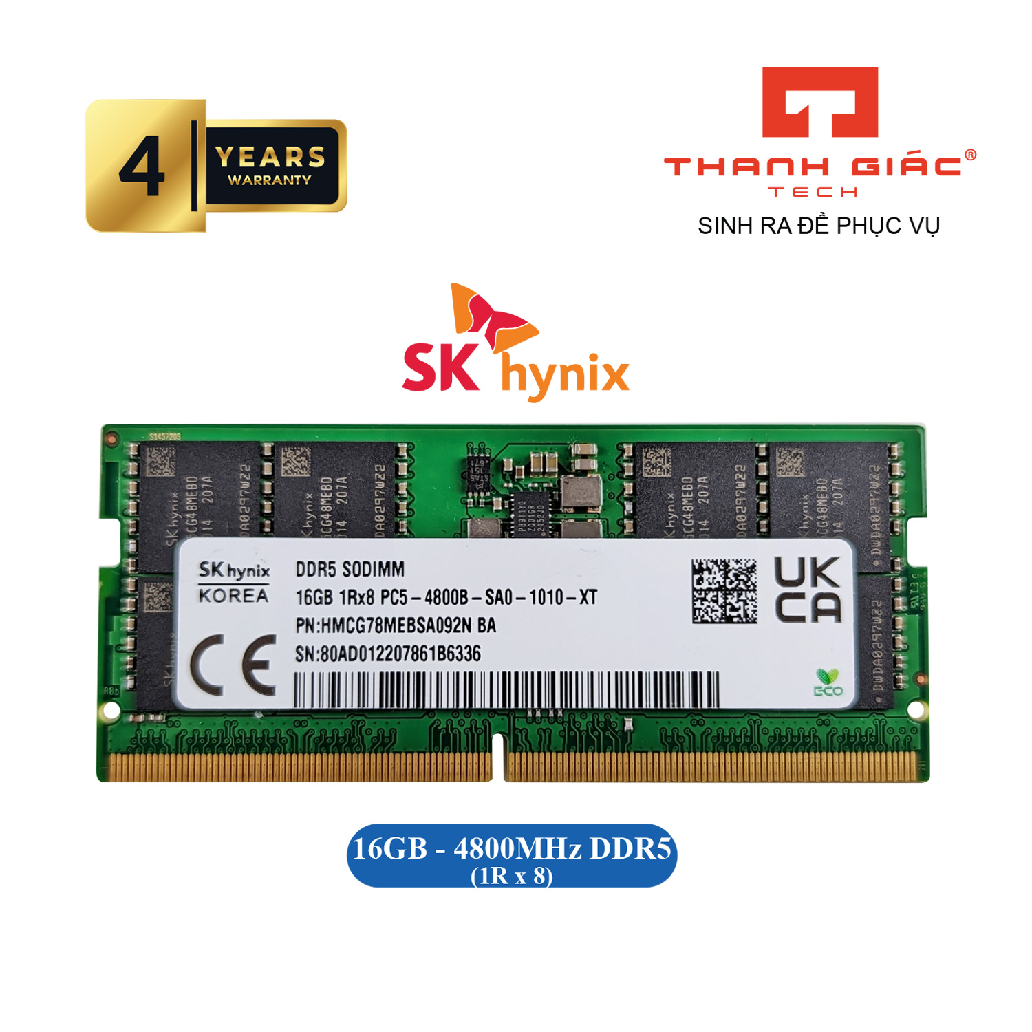 SK Hynix 16GB DDR5 4800MHz Laptop SODIMM RAM - 1Rx8 PC5-4800B For Dell, HP, Lenovo, Acer