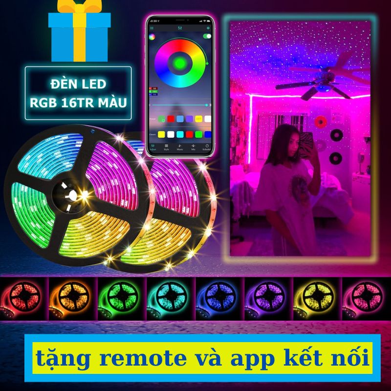 Cuộn đèn Led dây dán 5m dán tường đổi nhiều màu có remote điều khiển - Đèn Led Tiktok Trang Trí