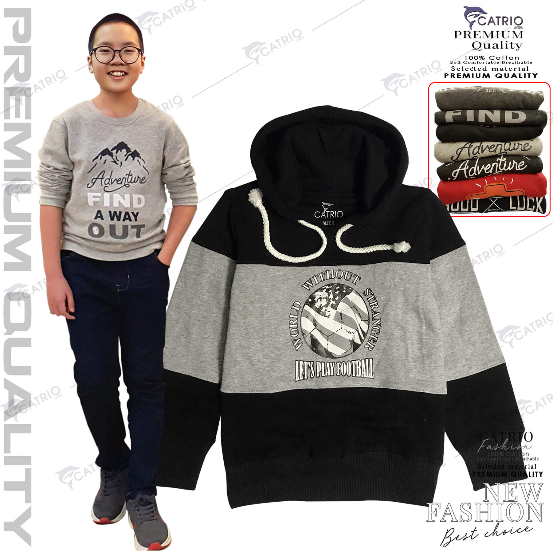ÁO HOODIES BÉ TRAI CATRIO phối 3 màu, in bóng sport là áo thun bé trai có mũ, áo nỉ mũ cotton trẻ em từ 5 tuổi(20kg) đến 12 tuổi (50kg) thuộc BST quần áo trẻ em CATRIO mùa thu đông, vải 100% cotton cào bông dày và ấm