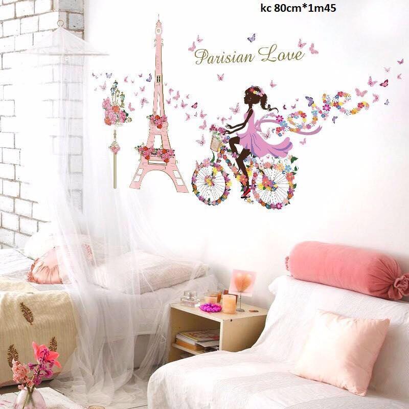 decal dán tường cô gái xe đạp tháp pari hồng