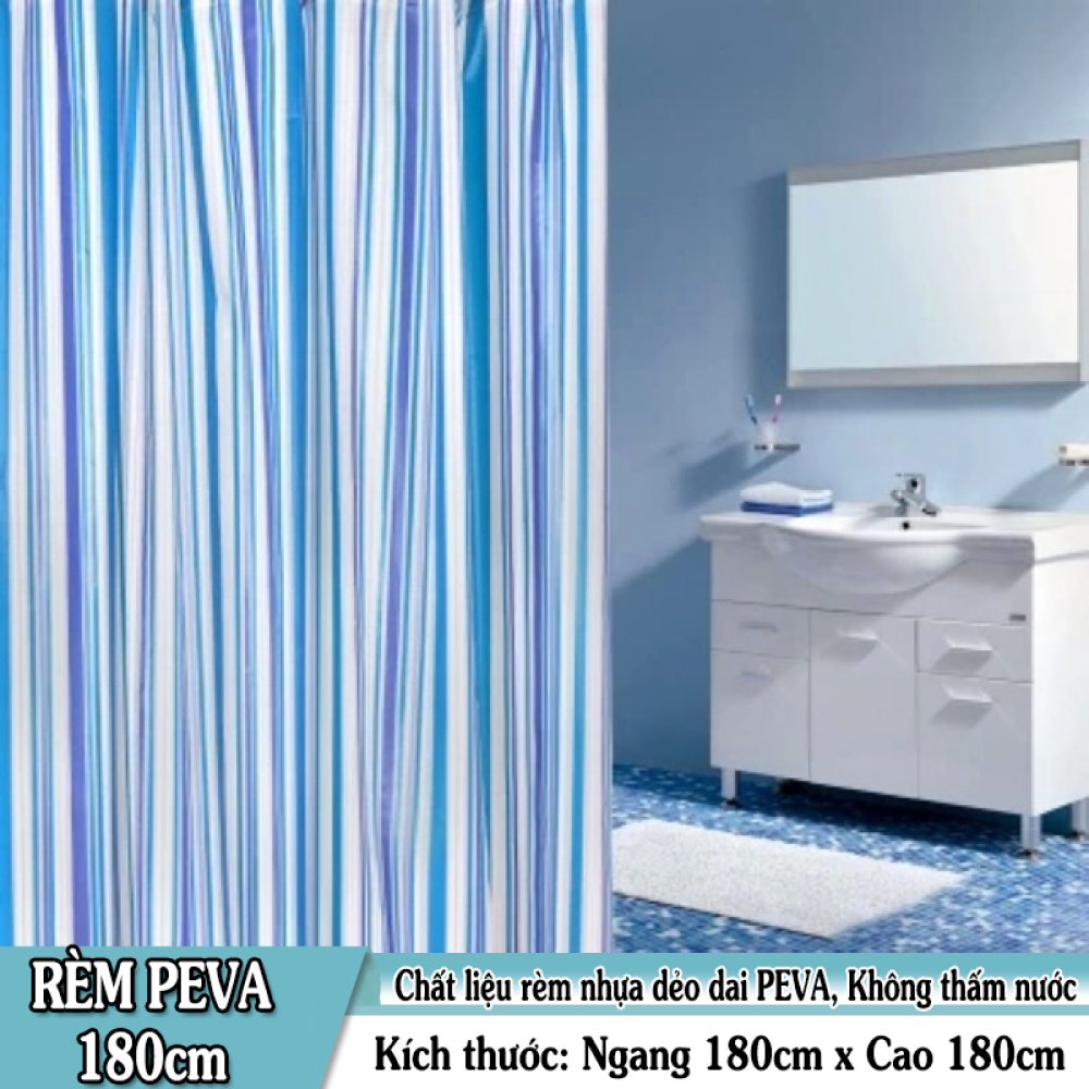 Rèm Phòng Tắm / Rèm Cửa Sổ hoạ tiết SỌC XANH DƯƠNG ĐẬM 180cm X 180cm Loại 1( Ảnh + Video thật )