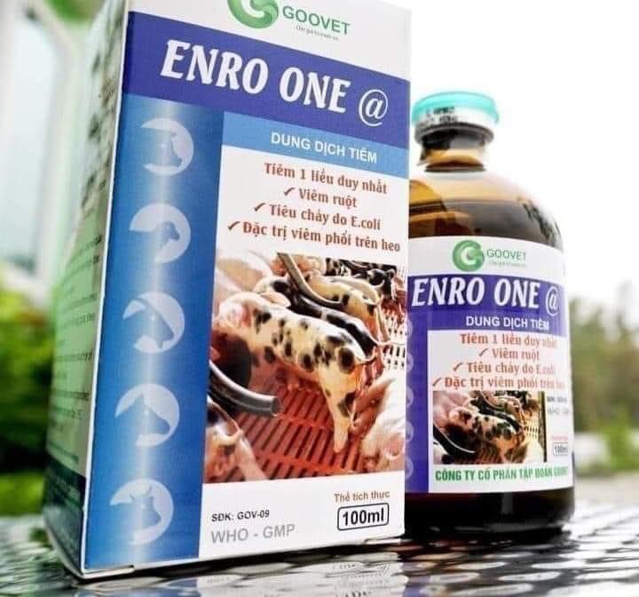 ENRO ONE @ (Chai 100ml) Goovet Tiêu chảy nặng, viêm ruột, phân đen, phân vàng bọt, đi ỉa nặng, tiêu chẩy mất nước. Phó thương hàn, ecoli sưng phù đầu, viêm phổi, tụ huyết trùng. Enrofloxacin 10%