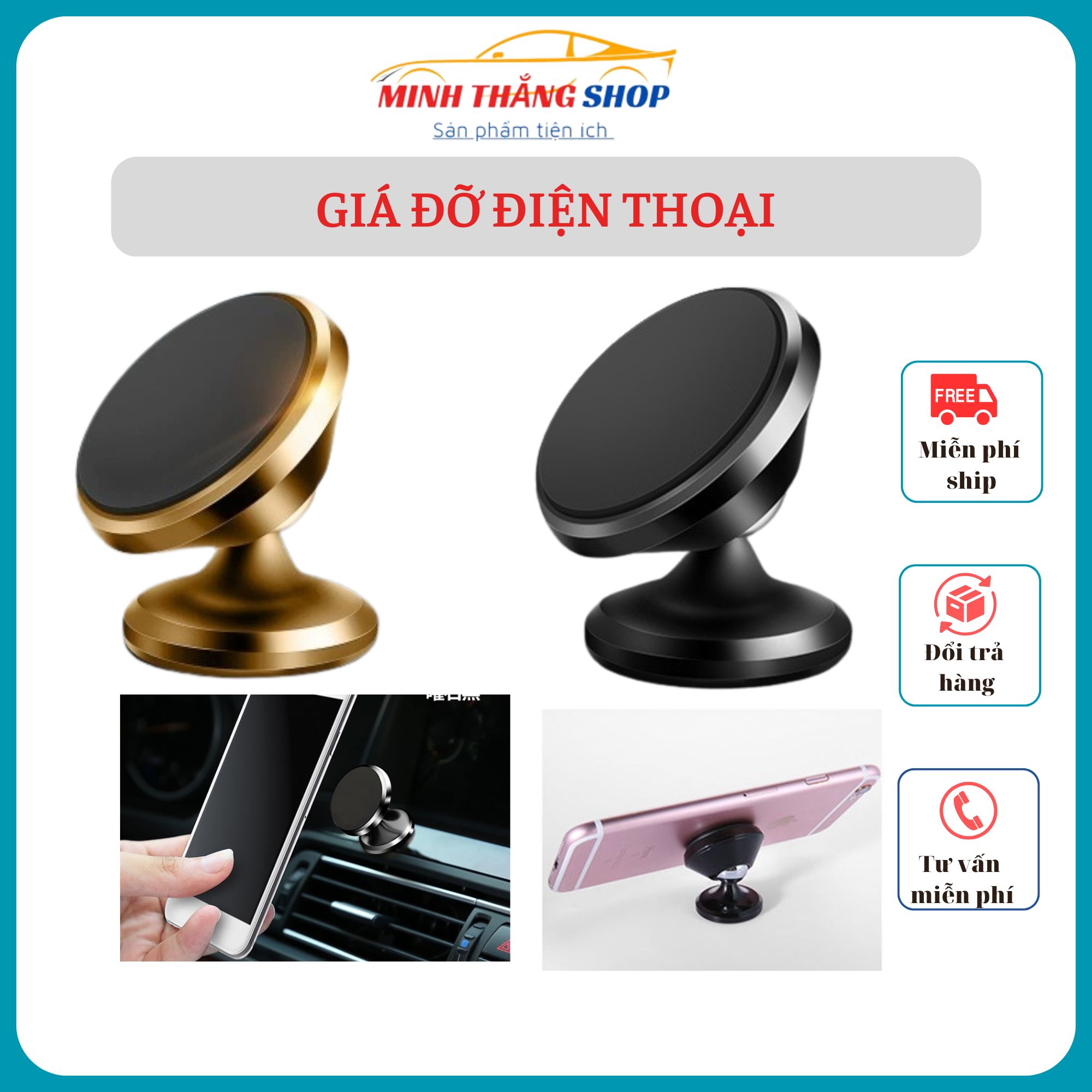 Giá đỡ điện thoại từ tính trên ô tô, xoay tiện dụng