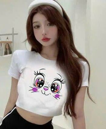 Áo thun croptop cổ tròn in hình meo meo 2 màu đen trắng