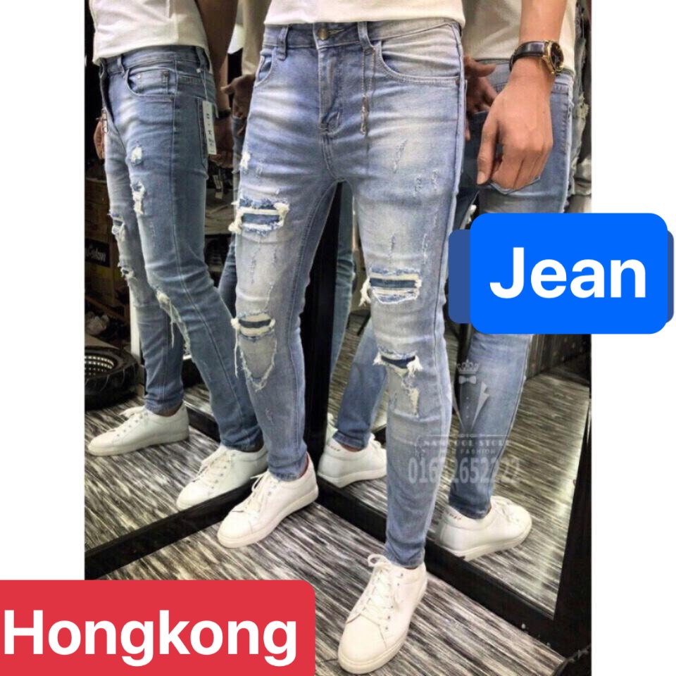 QUẦN BAGGY JEAN NAM CHẤT BÒ XANH RÁCH LÓT VẢI XANH CỰC NGẦU , CO GIÃN NHẸ CAO CẤP DB-178 - HONG KONG FASHION