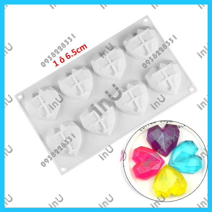HCM - Khuôn silicon tim kim cương 8 ô đổ rau câu pudding, socola valentine, nướng bánh trái tim tình yêu