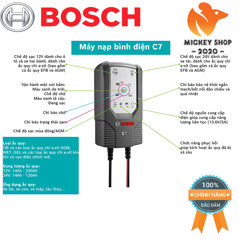 [ Chính Hãng] Máy sạc bình ắc quy cho ô tô xe máy Bosch C7