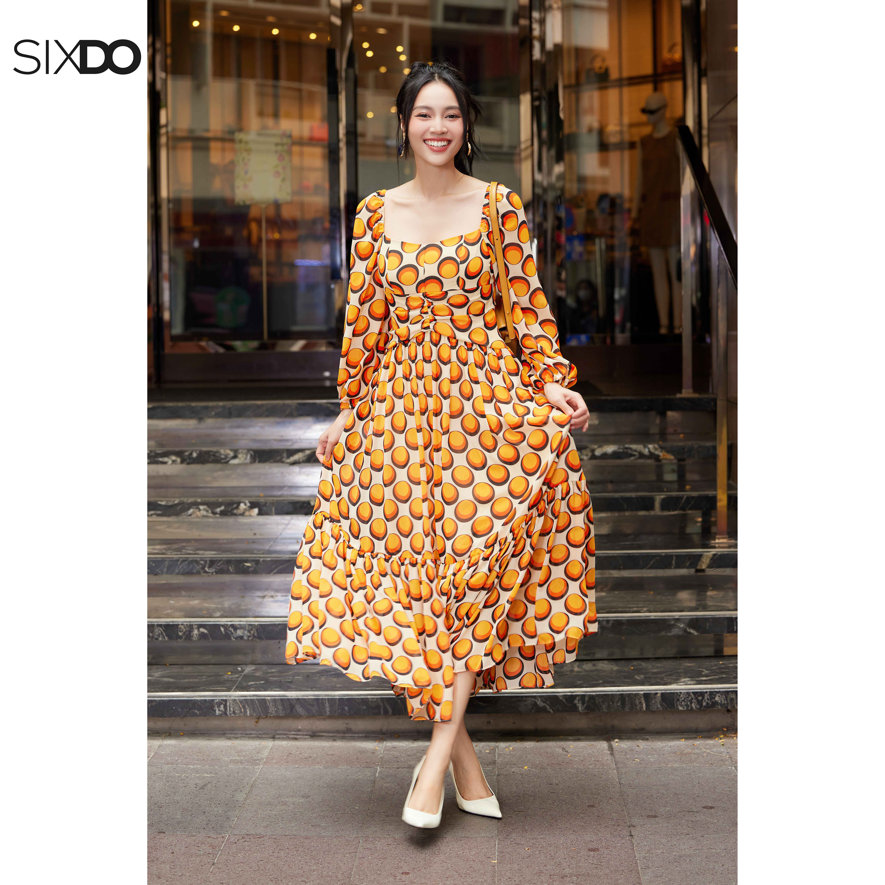 Đầm chiffon chấm bi cổ vuông SIXDO (Cream Polka Dot Midi Chiffon Dress)