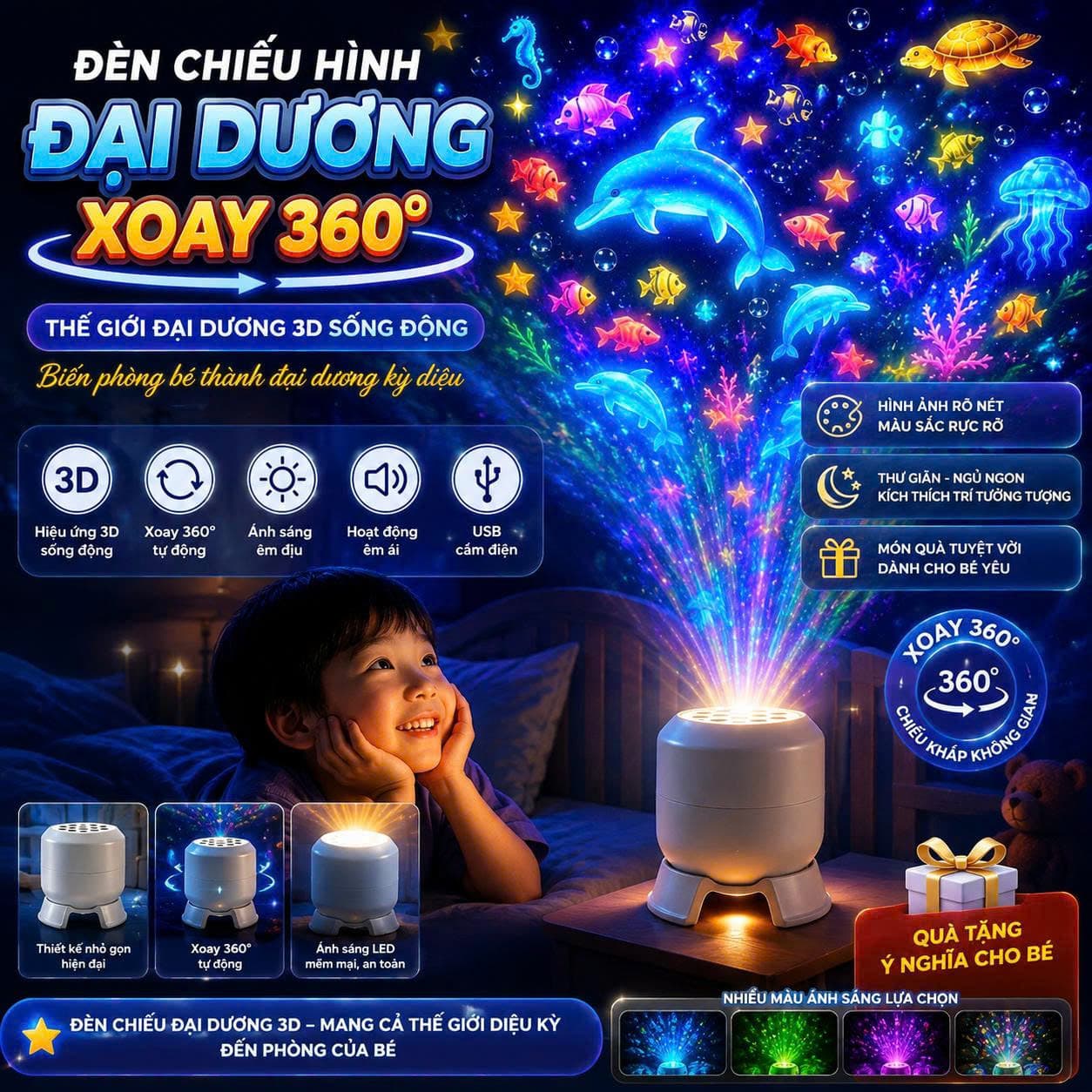 Đèn Chiếu Hình Đại Dương 3D Xoay 360° LED Ngủ Cho Bé – Máy Chiếu Cá Heo, Sao Biển Đổi Màu