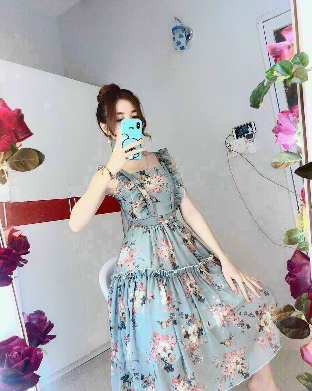 ( SALE SẬP SÀN) ĐẦM LỤA HOA HAI DÂY XÒE SIÊU XINH