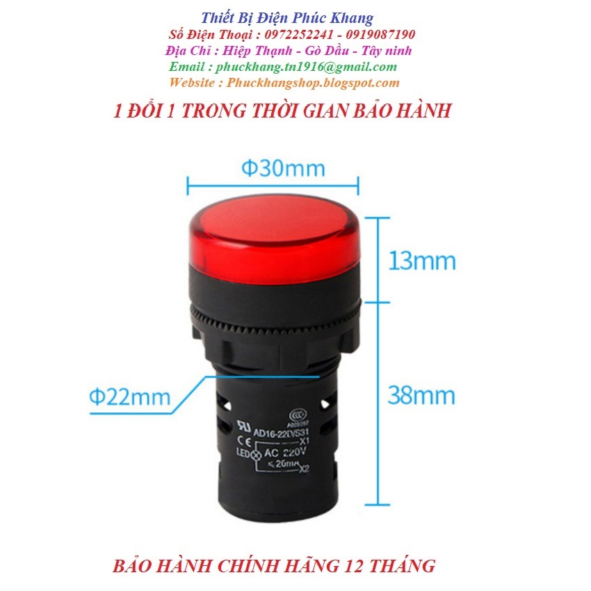[FREESHIP] Đèn báo pha 220v. đèn báo tủ điện Φ 22