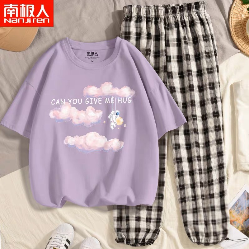 Quần áo nữ, set áo thun xanh kèm quần kẻ xanh lá