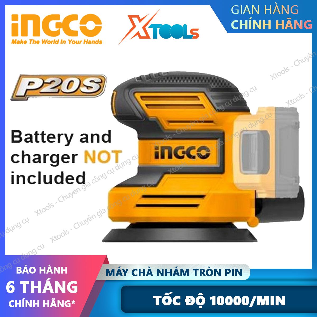Máy chà nhám tròn dùng pin Lithium 20V INGCO CROSLI2001 máy chà cầm tay đĩa chà 125mm, kèm theo 5 miếng chà nhám, (không kèm theo pin và  sạc)