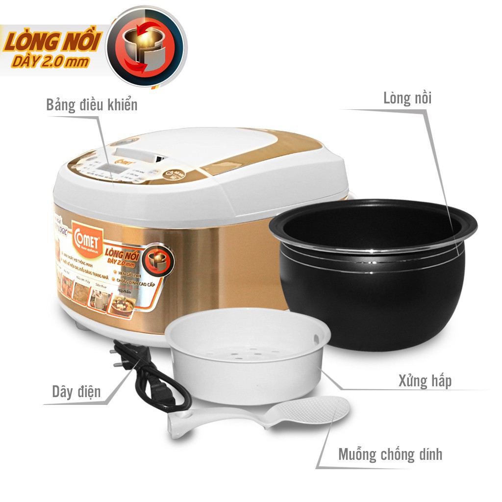 Nồi cơm điện COMET 1.8L có điện áp 220V công suất 700W tần số 50Hz chất liệu lót hợp kim nhôm thiết kế nhỏ gọn giá tốt