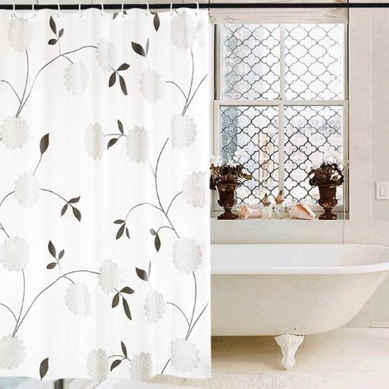 Rèm Phòng Tắm / Rèm Cửa Sổ Trắng Họa Tiết Hoa Cúc Đen 180cm X 180cm Loại 1