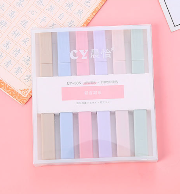 Bộ 6 bút highlight thân vuông màu Pastel, VPP Tuệ Minh bút đánh dấu HI05